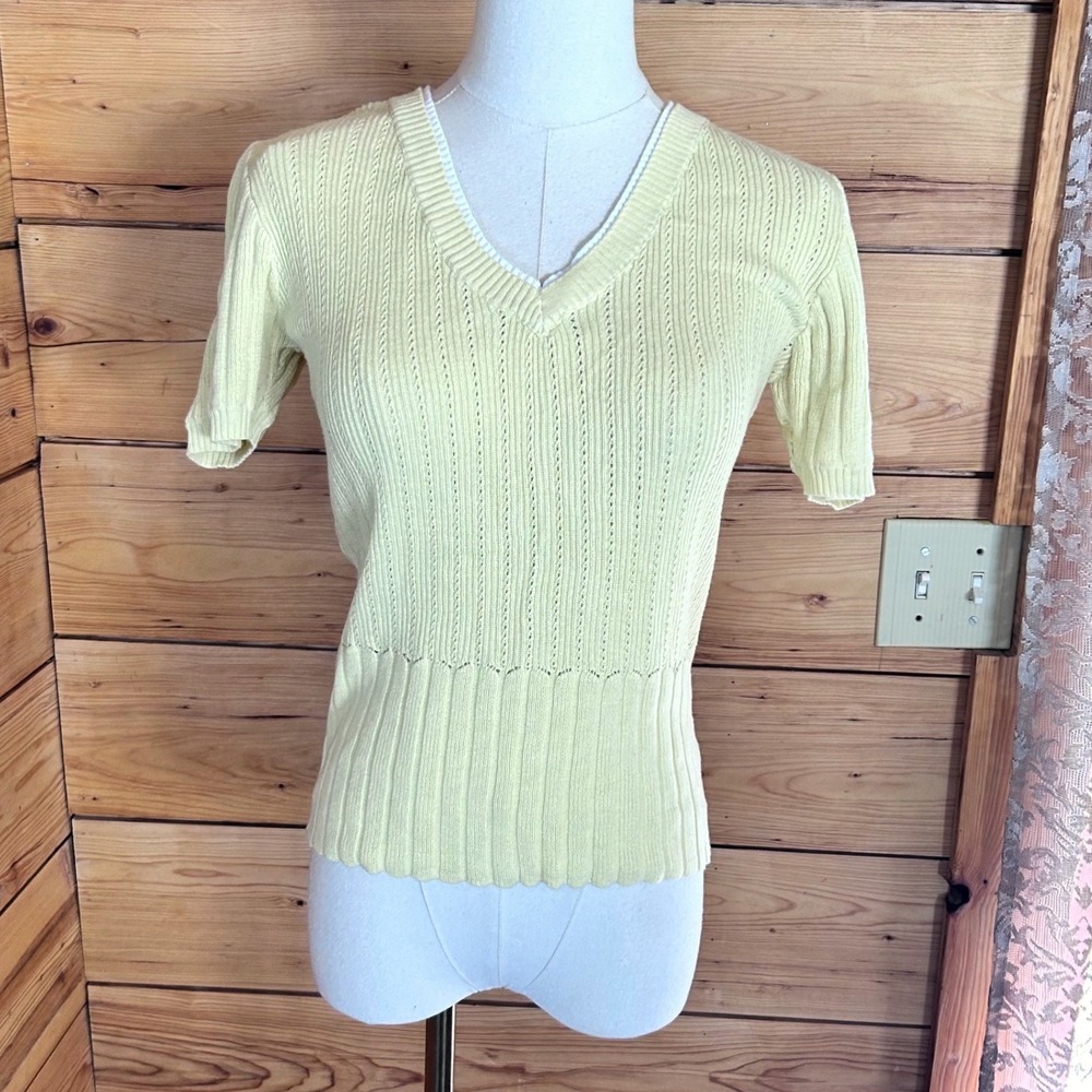 Vintage Knit Top Womens Medium Pastel Yellow Pointelle V Neckβ Peplum Cotton 90s